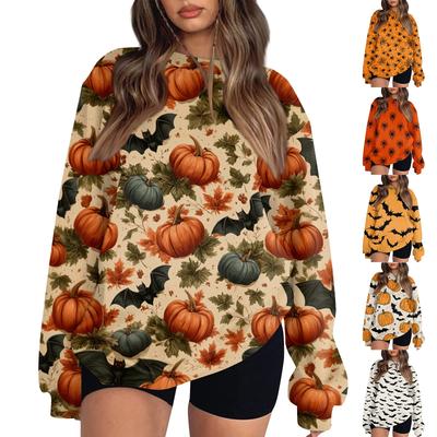 Women's Fashion Casual Long Sleeve Halloween Printed Neck Sweatshirt Top