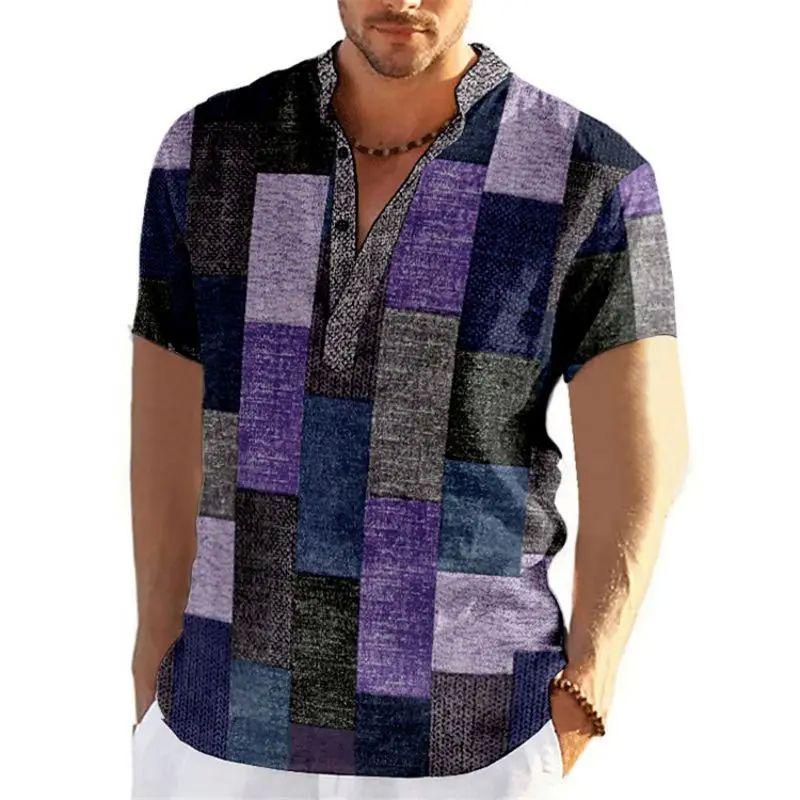 Vintage Men'S 3D Faion Patchwork Printed Irt Oversized Autumn Collar Fce Lined Thiened Nine-Quarter Sve