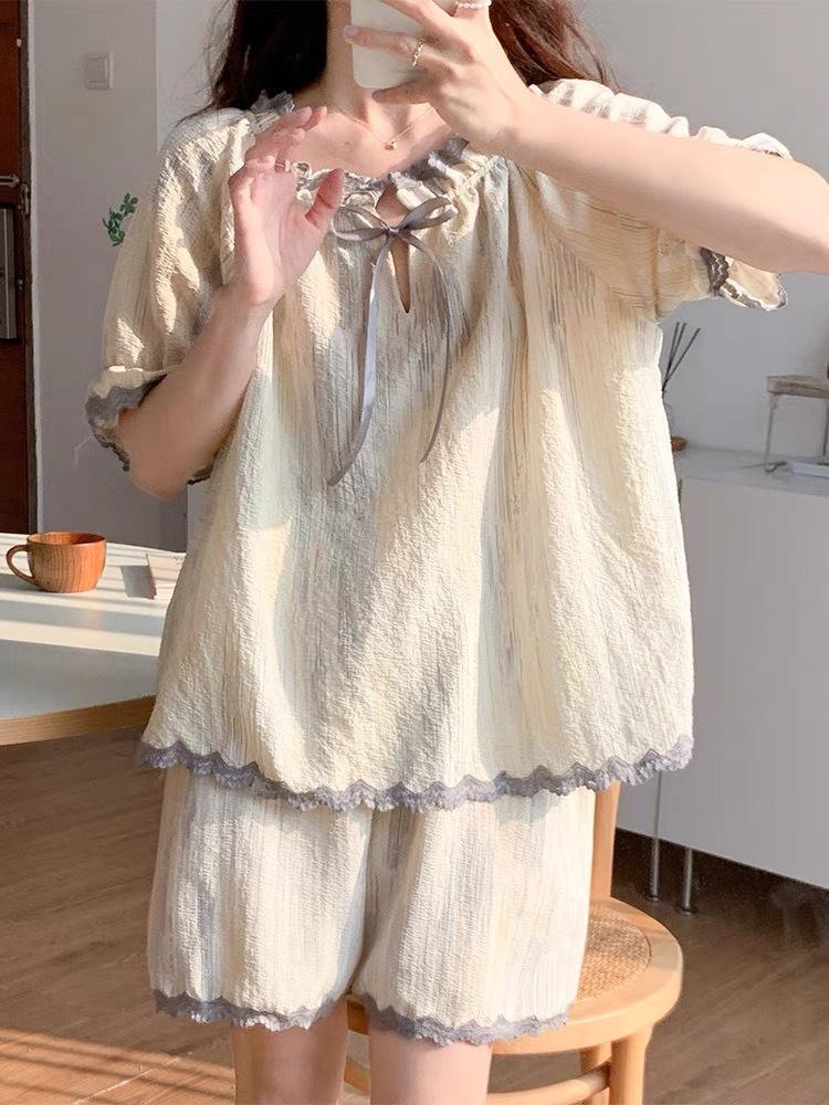 

Простой стиль инс tie-dye полосатая пижама женская летняя кружевная с коротким рукавом шорты комплект из двух предметов женская верхняя одежда для дома S
