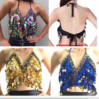 Women Nightclub Sequin Tassel Belly Dance Bra Performance Top Halter Bra Show Costumes