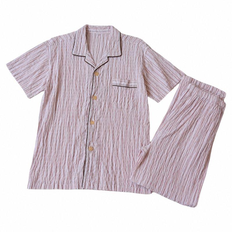 Export Men Summer Pure Cotton Wrinkle Cotton Short Sleeve Pants Pajamas Thin Suit Breathable Home Clothing Air Conditioning Clothes