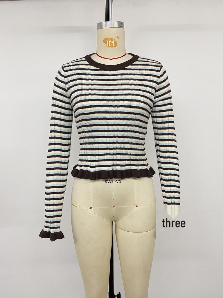 2026 Autumn/Winter Sweet Retro Striped Ruffled Slim Knit Sweater for Women