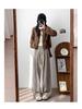 Women's Petite 145cm Black Stripe Wool Wide-Leg Pants - Retro Autumn/Winter Casual Stroll