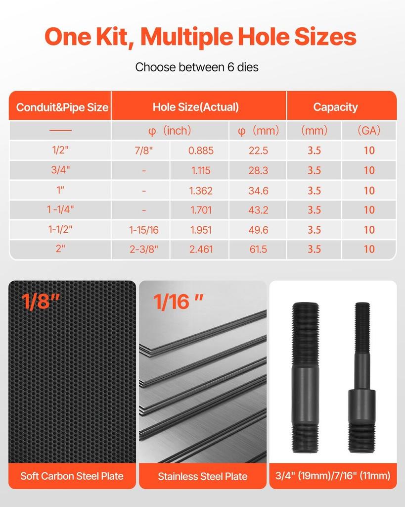 Knockout Punch Set, 98.07 kN Hydraulic Knockout Set, 12.7 To 50.8mm KO Tool Kit Hole Making Tool, KO Tools Kit W/6 Dies for Metal Electrical Cabinets,