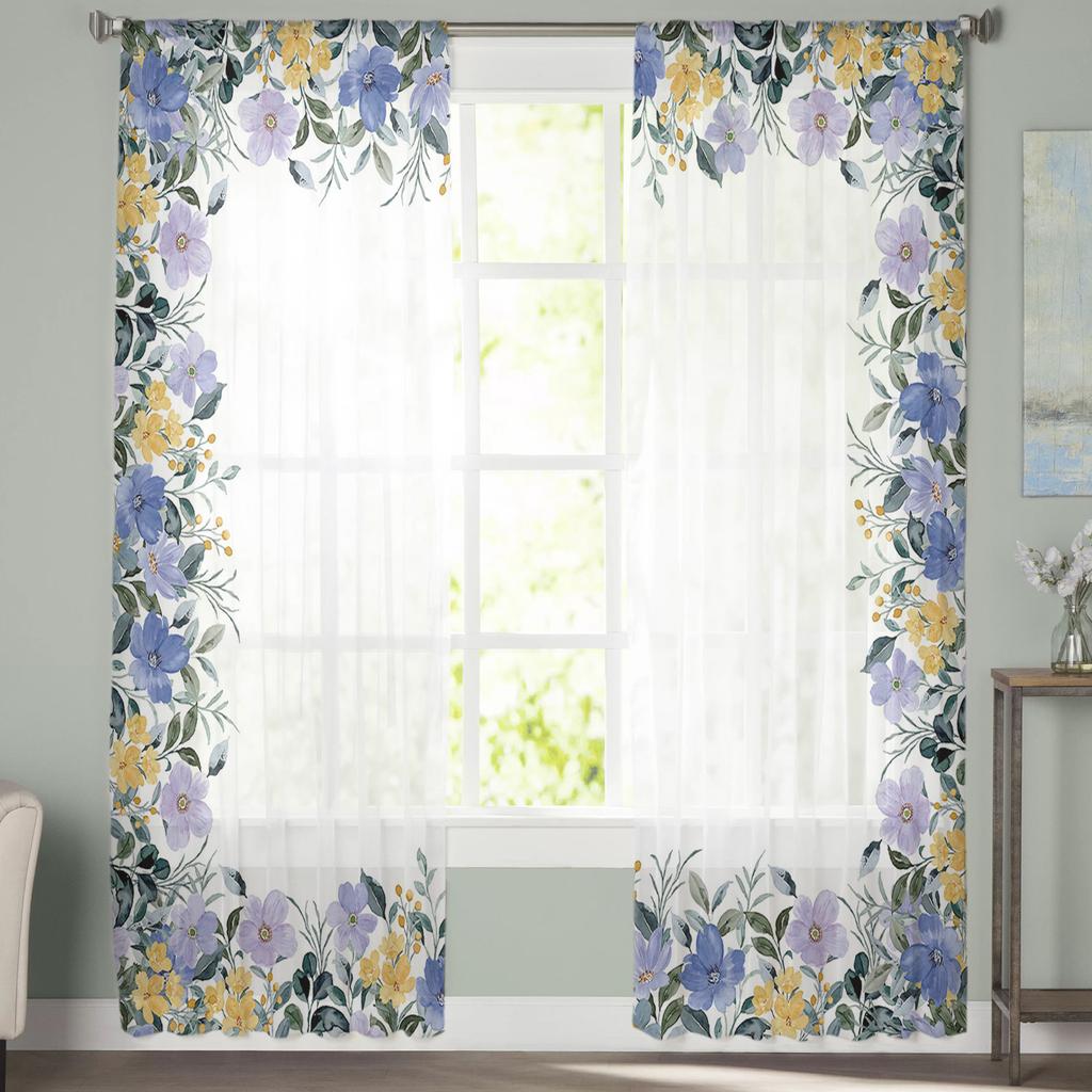 Perdele transparente pentru ferestre, cu flori violet de vară, acuarelă, pentru living, bucătărie, dormitor, copii, voile, perdea agățată