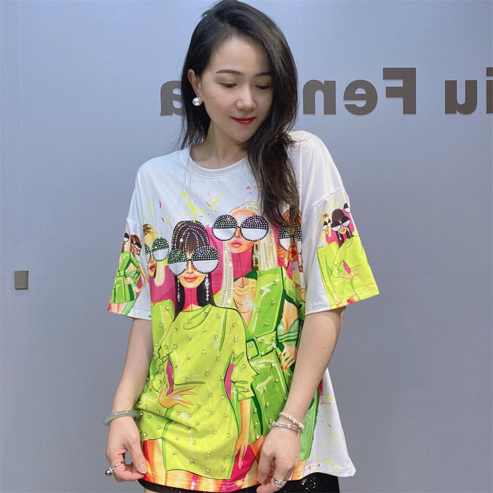 

Модные футболки с 3D-принтом для женщин Летняя одежда Повседневные Красочные Персонажи Стразы Бисероплетение Женские Топы с коротким рукавом Футболка one size белый