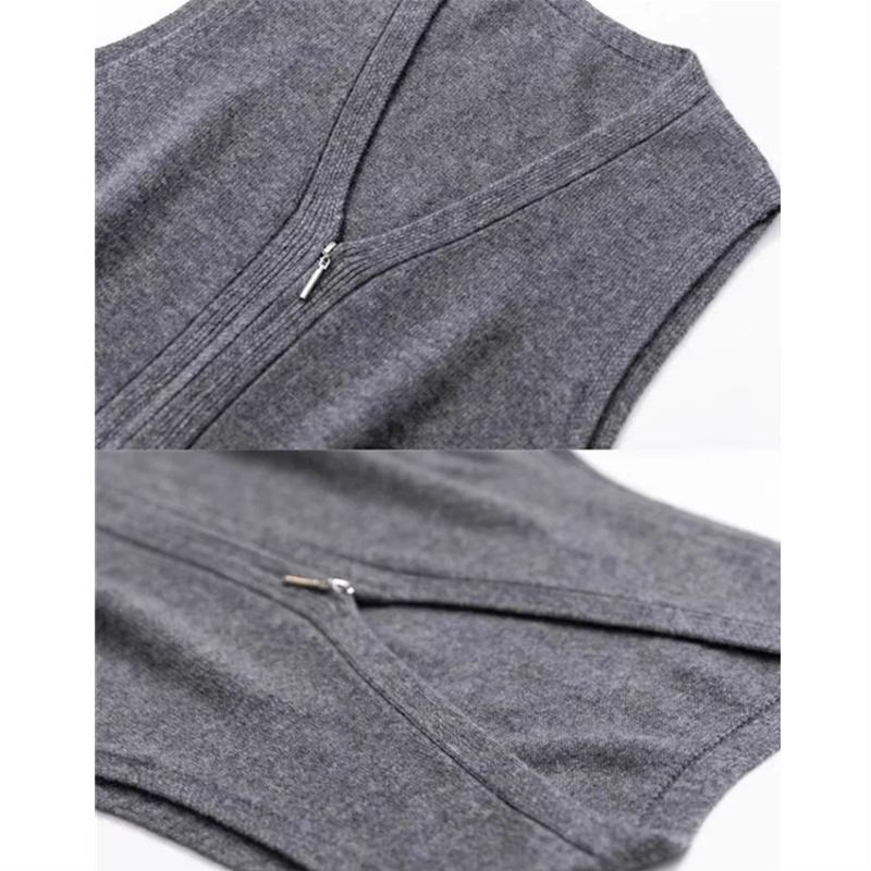 Women Knitwear Autumn Women Double Zipper V-neck Chic Simple Sleeveless Sweater Vest Out Wear Warm Gray Knitted Coat Cardigan