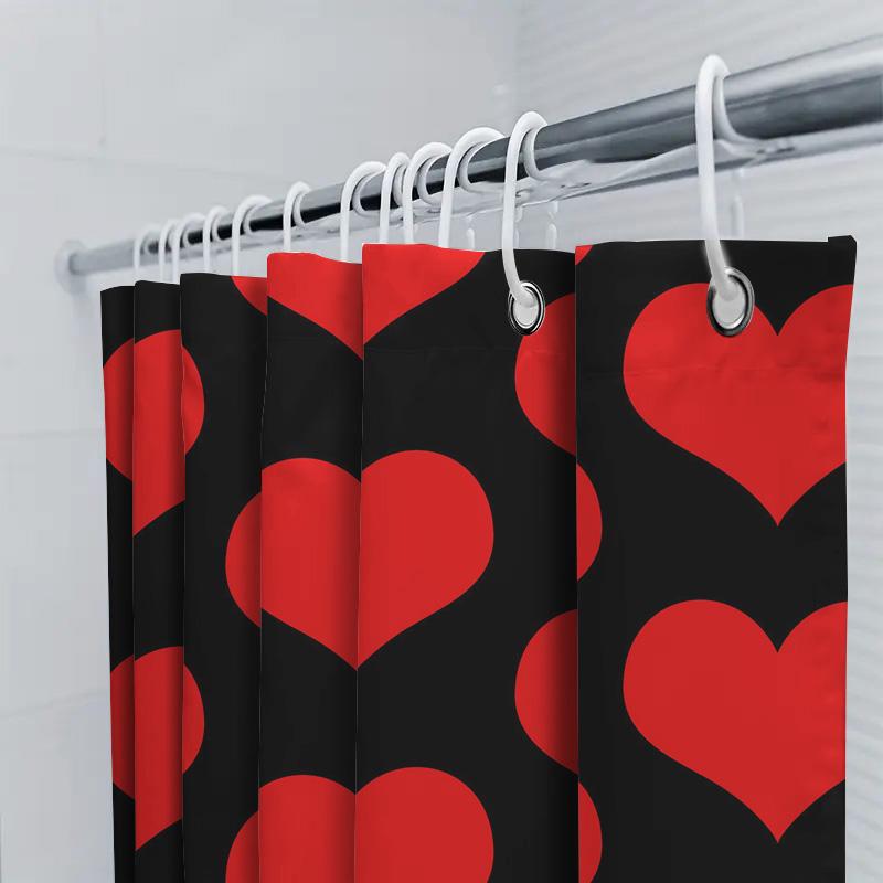 Heart Shaped Shower Curtain Waterproof Bathroom Decor Printed Fabric Shower Curtains Red Black Background 72X84 (180X213Cm)