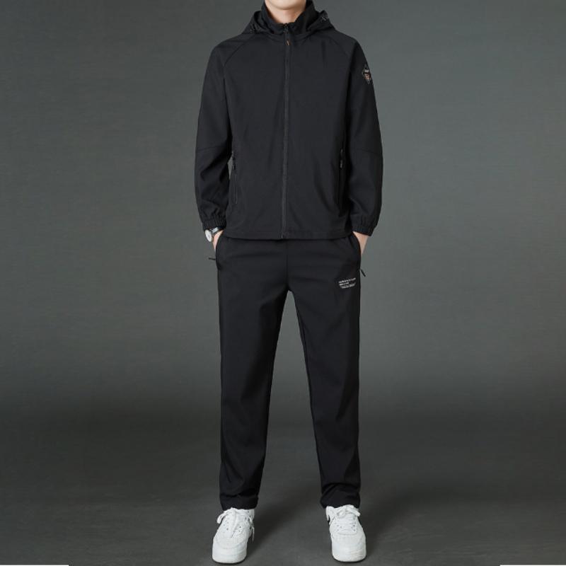 Men's Spring and Autumn 2-Piece Casual Suit - Hooded Utility Jacket + Matching Outerwear