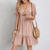 Loose V-neck Short Sleeved Pleated Women Dress Solid Color A-line Beach Dresses Elegant Simple Comfortable Woman Clothing