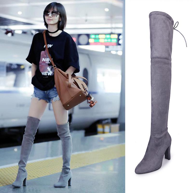 European & American Plus Size Over-the-Knee High Heel Pointed Toe Frosted Zipper Women's Boots for Spring & Autumn Winters