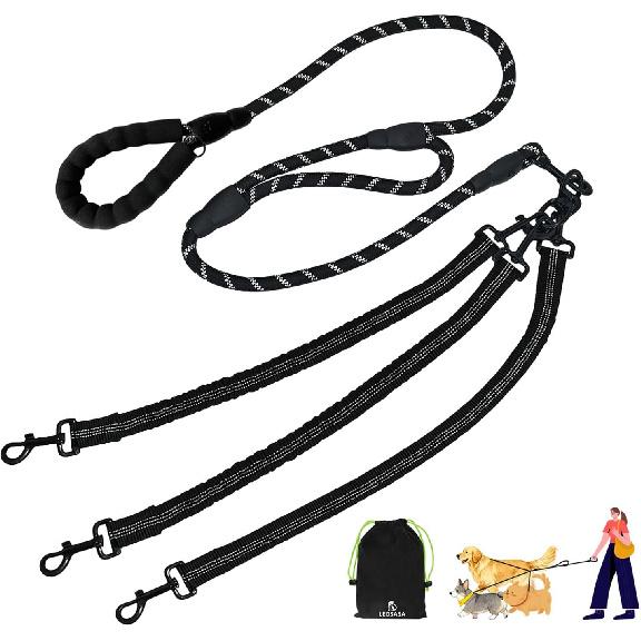 No Tangle Leash for 3 Dogs, 3-in-1 Leash with 360° Swivel & Shock Absorbing Bungee, Padded Handle No Tangle Walking Lead for Large Medium Small Dog