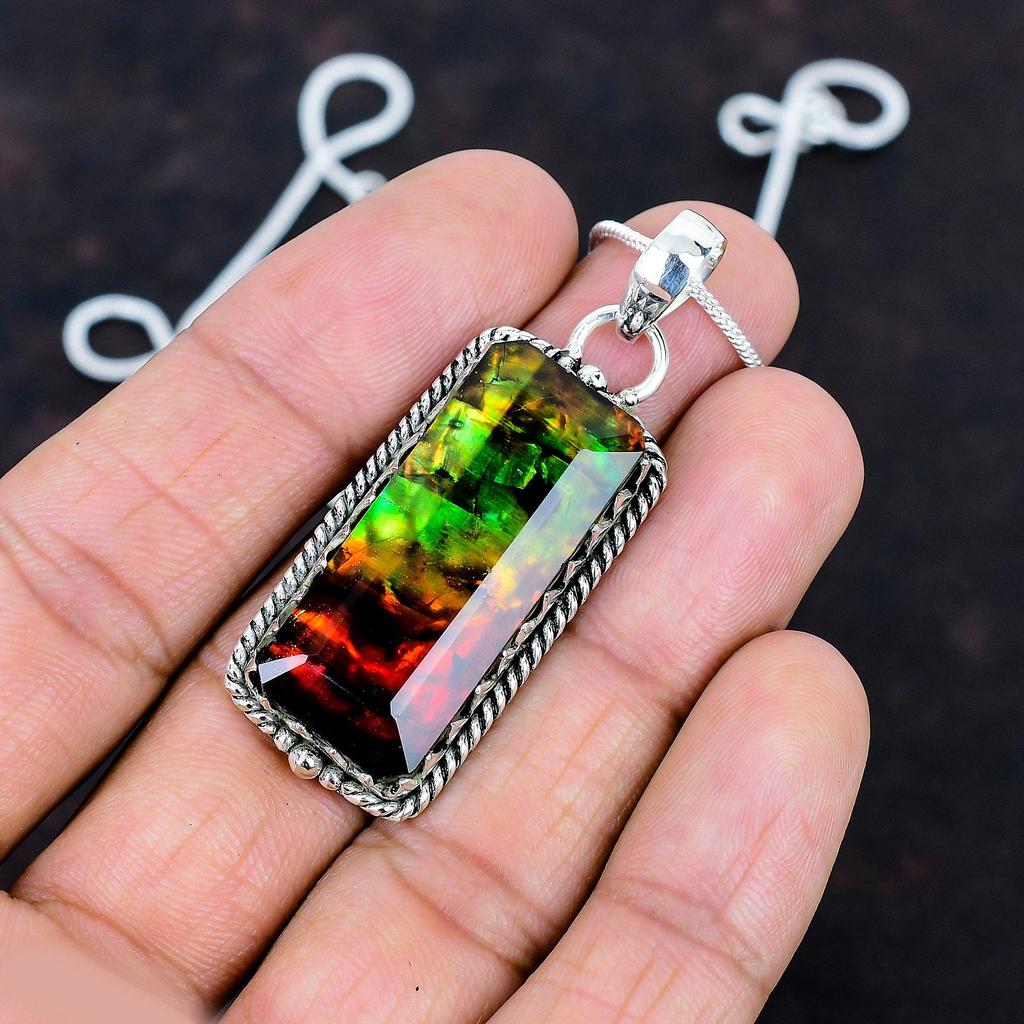 Faceted Ammolite Pendant Gemstone Handmade Jewelry 925 Sterling Silver Pendant