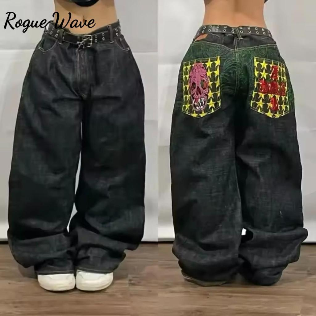 RogueWave Y2K Trendy Retro Classic Pocket Skull Pattern Straight Denim Trousers  American Gothic Washed Wide-leg Denim Loose Pants