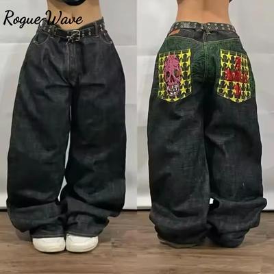 RogueWave Y2K Trendy Retro Classic Pocket Skull Pattern Straight Denim Trousers  American Gothic Washed Wide-leg Denim Loose Pants