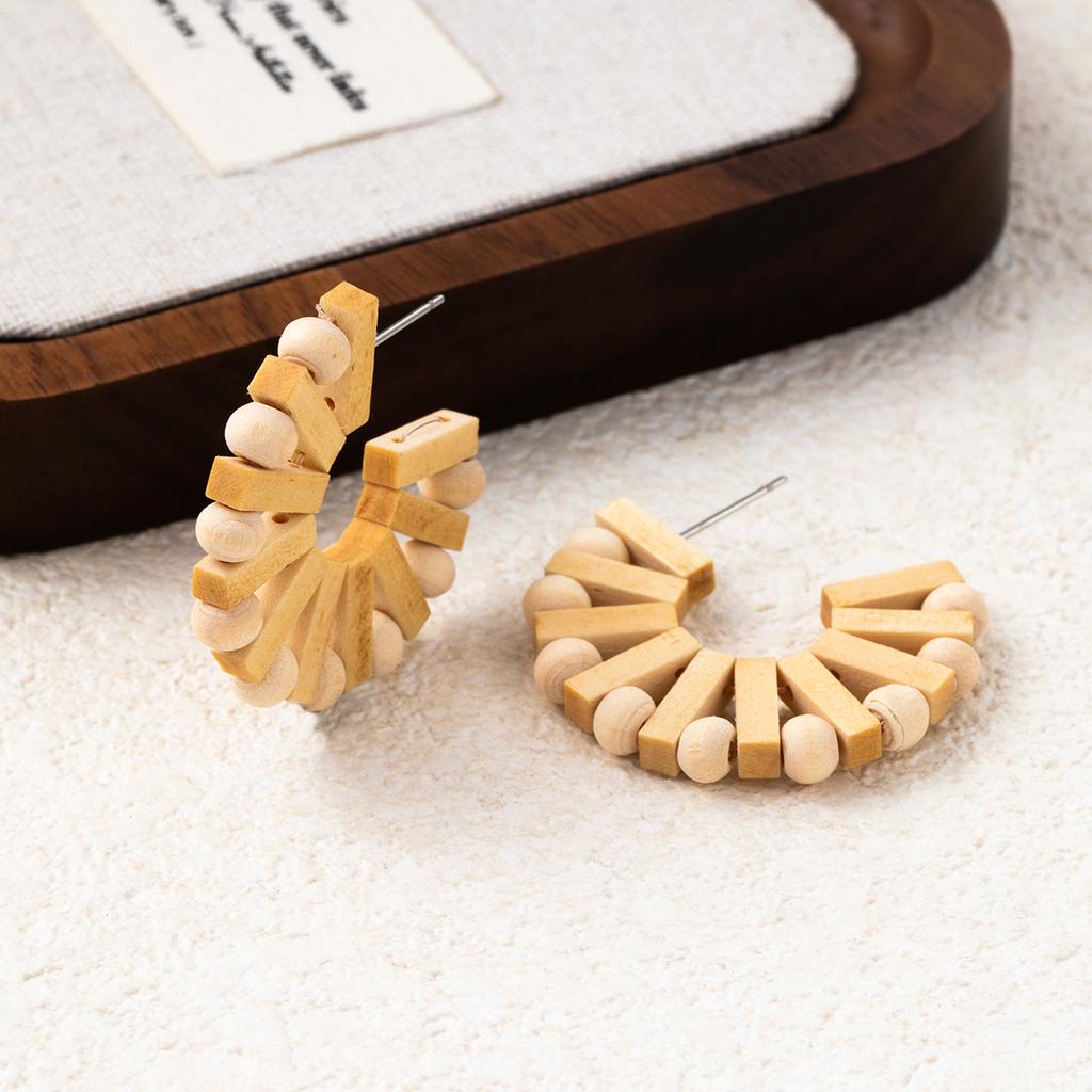 Wooden Minimalist Geometric C-Shaped Earrings Women Unique Design Fashion Statement Creative Fan Earrings