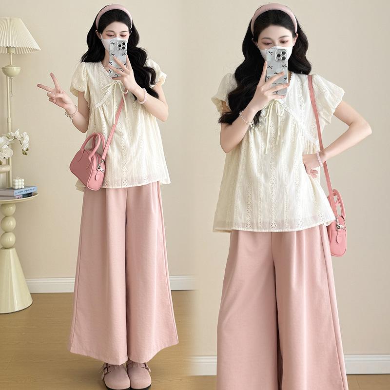 Elegant Summer Maternity Lace Top & Wide-Leg Pants Set XL