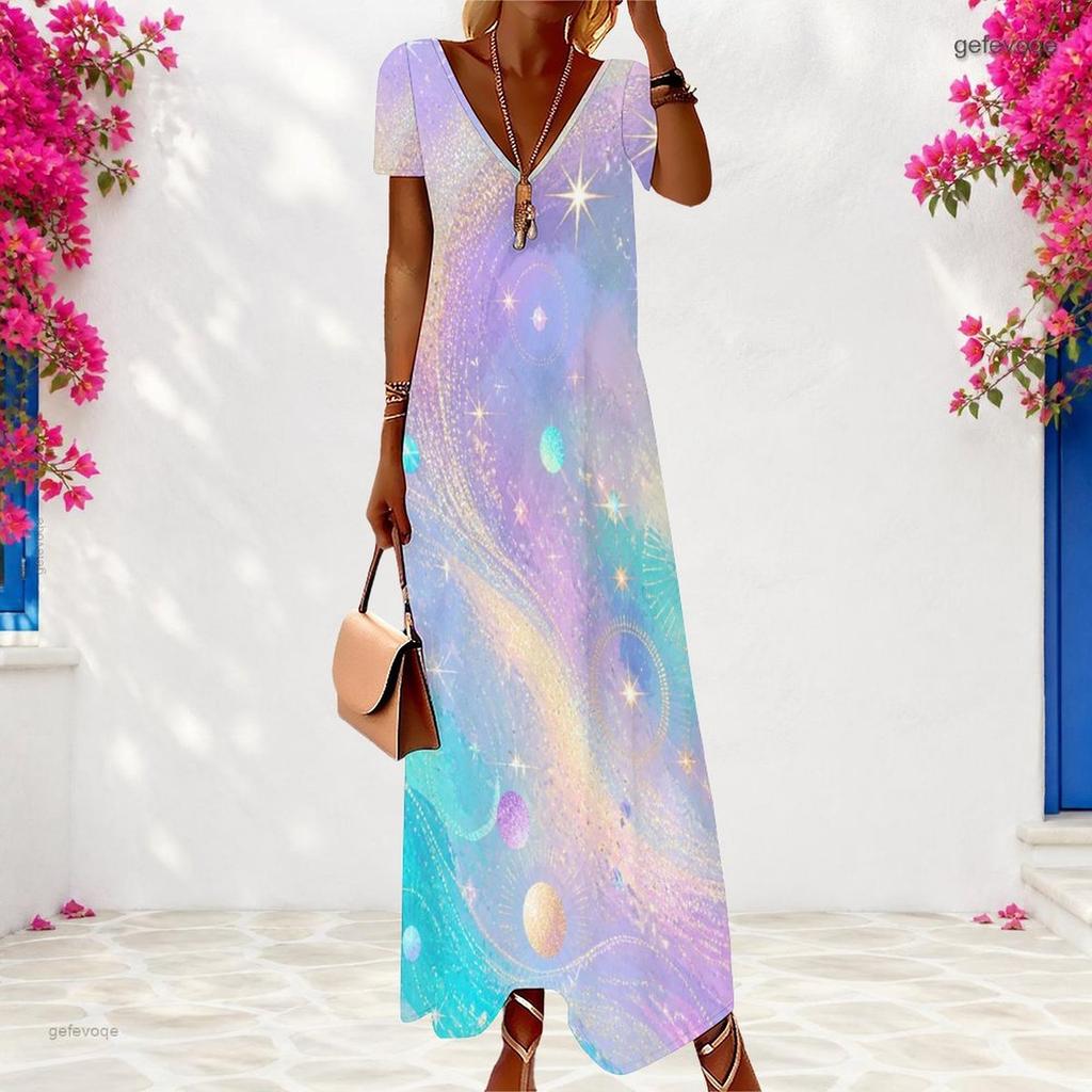 Women Plus Size V Neck Short Sleeve Printed Long Dress White Gray Abstract Rhinestone Pattern