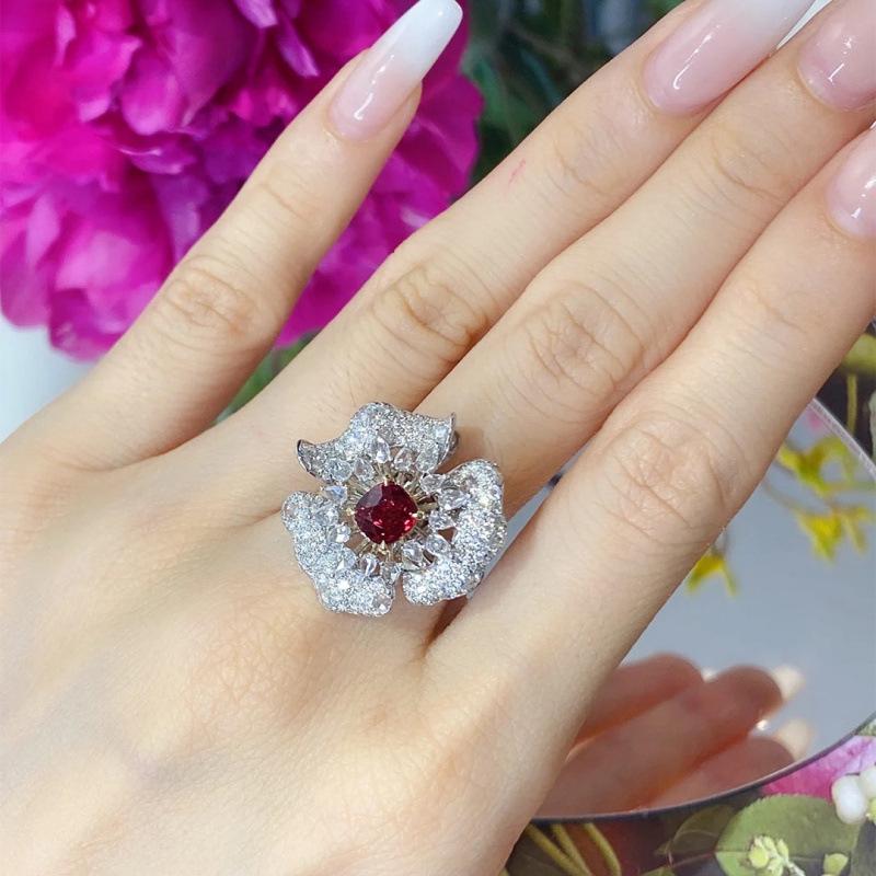 Radiant Ruby Flower Women's Open Ring - High-End Luxury & Trendy Design