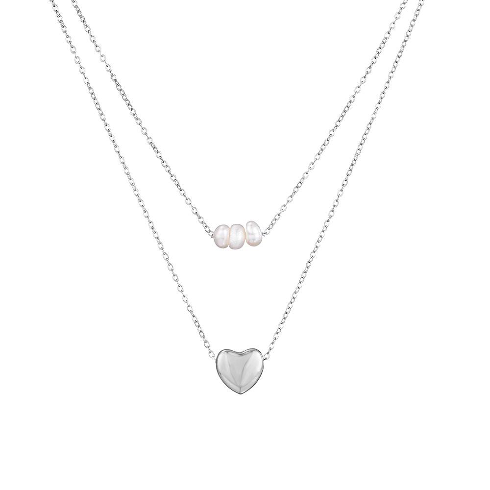 

French Titanium Steel Layered Necklace with Freshwater Pearl & Mini Heart, Salt Spray Resistant