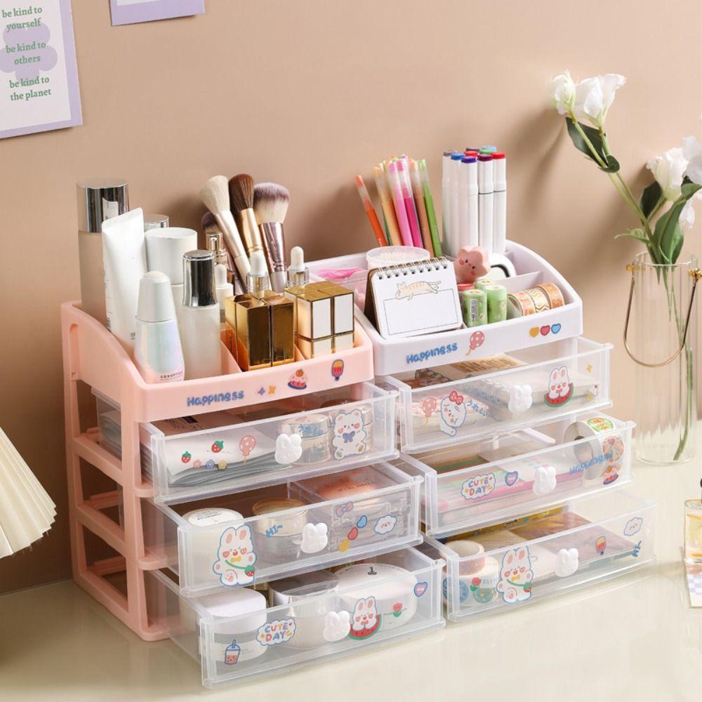 

Коробка для зберігання косметики з кнопкою-кроликом Прозора скринька для ювелірних виробів Пластикова стійка для демонстрації Органайзер Полиці Pink-2 Layers