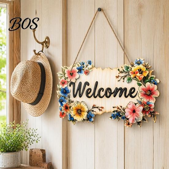 High-quality Wood Sign Floral Wooden Welcome Sign, Front Door Ornaments, Flower Hanging Colorful for Summer Farmhouse Home Coffee Shop Window