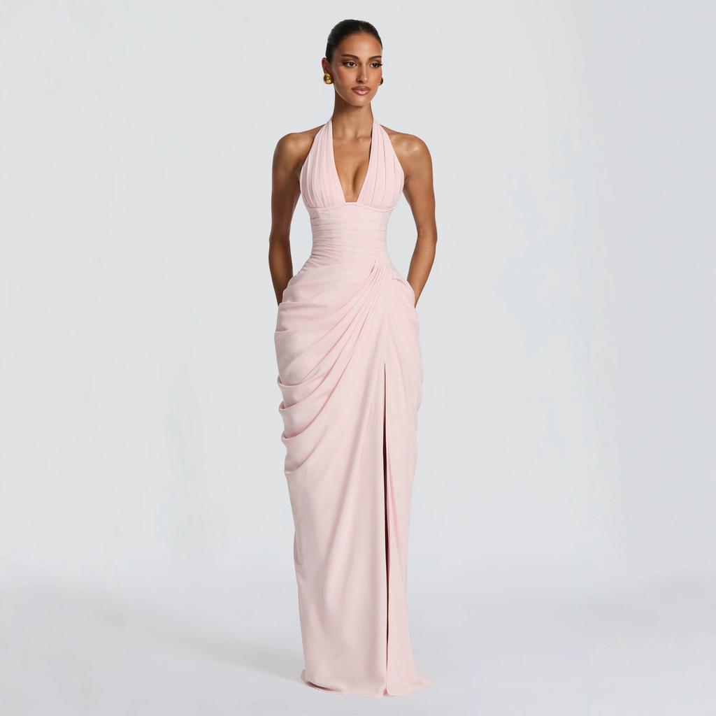 European and American Sexy Dresses, Deep V Neck Dresses, Slim-fitting Pleated High-split Dresses, High-end Sense