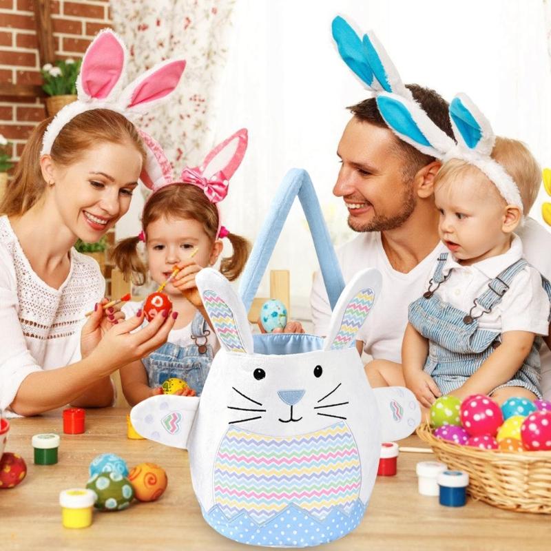 Lovely Rabbit Fabric Basket Plush Striped Rabbit Easters Basket With Plush Accent for Eggs Hunts and Home Decors
