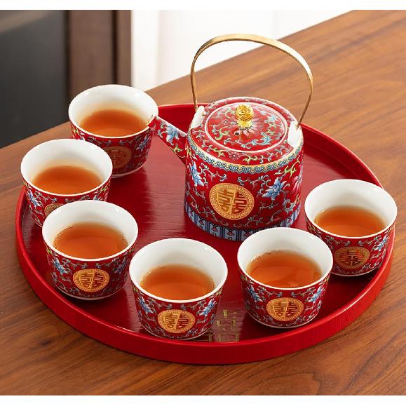 Chinese Double Happiness Red Wedding Tea Set,Porcelain Wedding Tea Set,Beam Handle, Comfortable To Hold,for Newlyweds, Friends Chinese Traditional