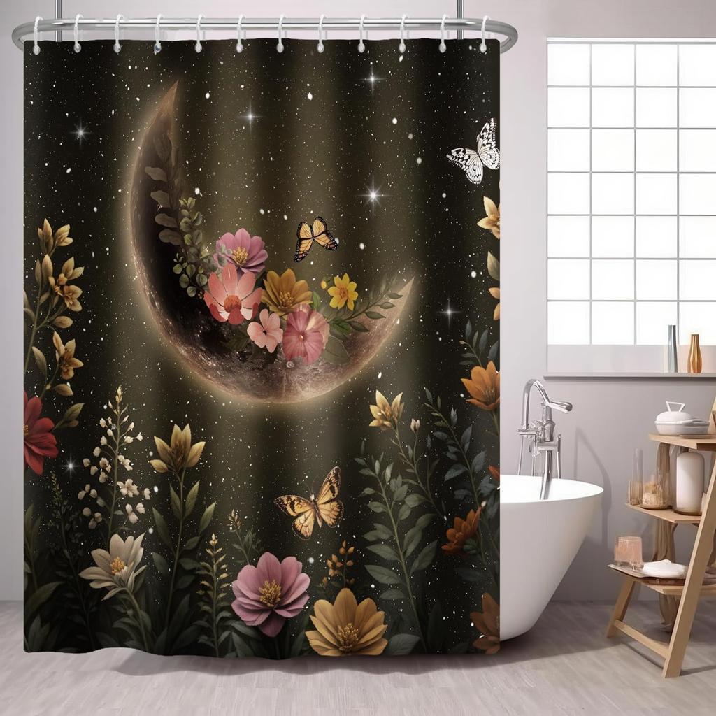 Moon Shower Curtain Floral Butterfly Flower Mysterious Fabric Shower Curtains Black Starry Night Plant Gothic Botanical Shower