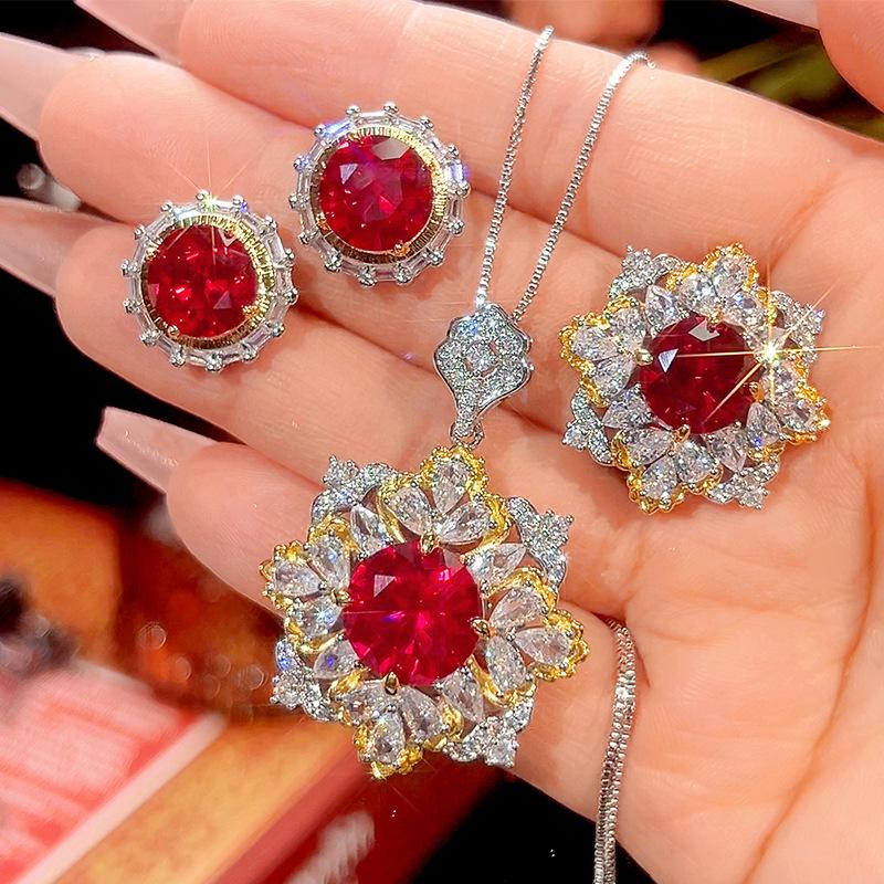 Jewelry Copper Bottom Gold-Plated Simulation Red Corundum Light Luxury Suit Female 12-10Mm