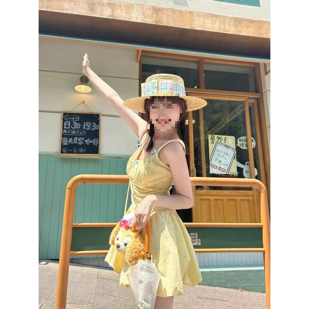 Dopamine Yellow Suspender Dress Female Sweet Small Holiday Wind Polka Dot Bud Skirt Waist Fluffy Skirt Summer