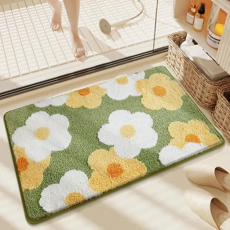 Tapete de Banho de Microfibra Antiderrapante de Alta Absorção - Tapete de Banheiro Plush Floral, Espessado Moderno para Decoração de Casa