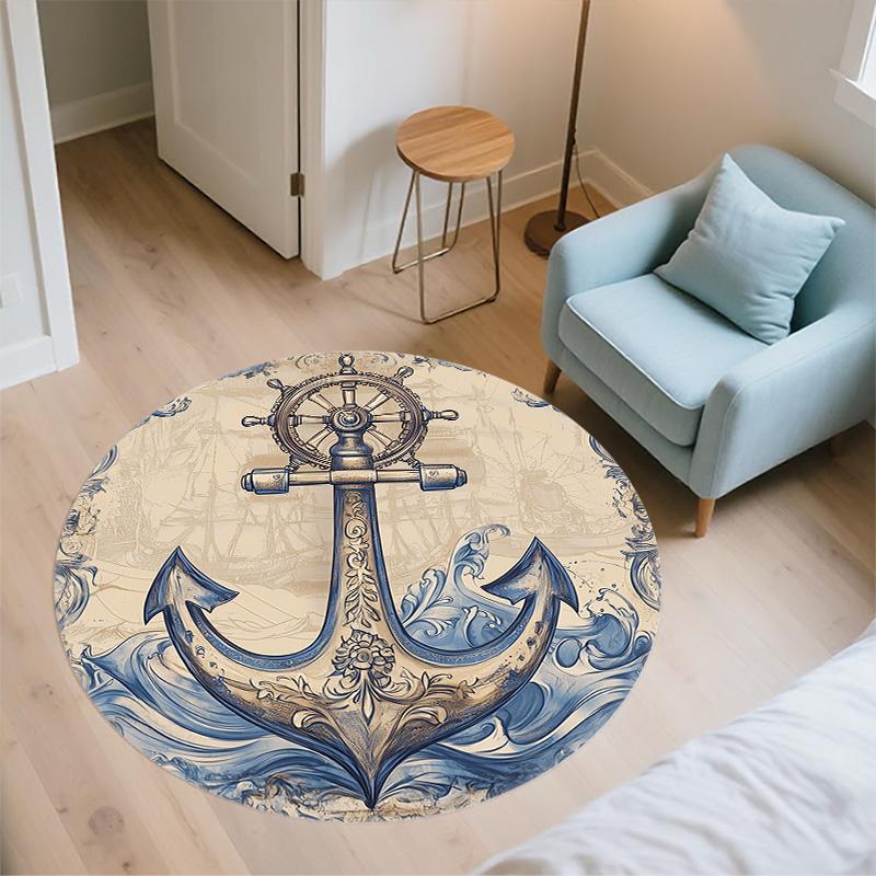 Anchor and Ship's Wheel,Round Area Rug,Carpet Rug for Living Room Bedroom Sofa Playroom Decor,Non-slip Floor Mat