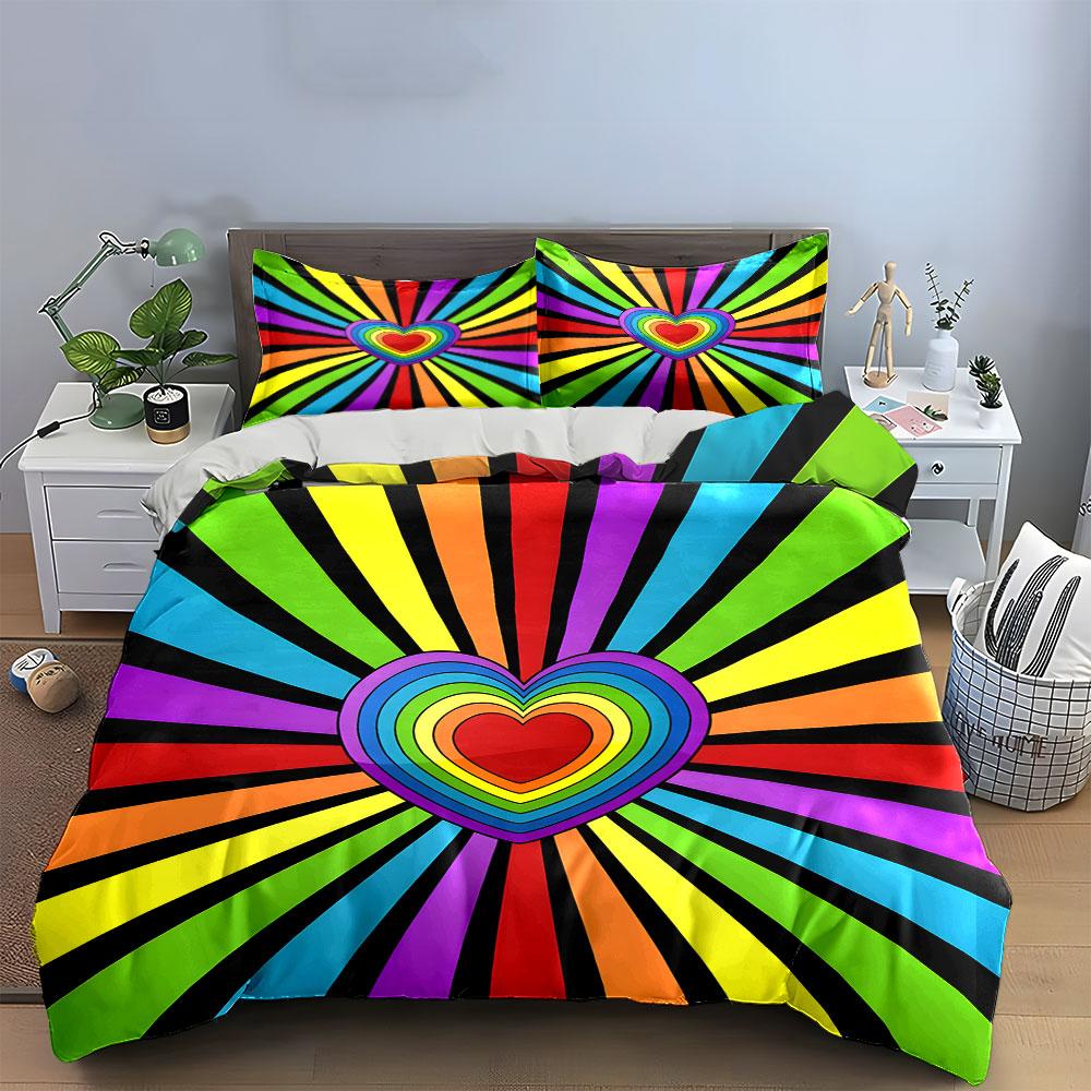 Rainbow Heart Three-Piece Decor Set Multiple Sizes Kid'S And Adults' Bedroom Exquisite 3Pc Bedding Set, Gift