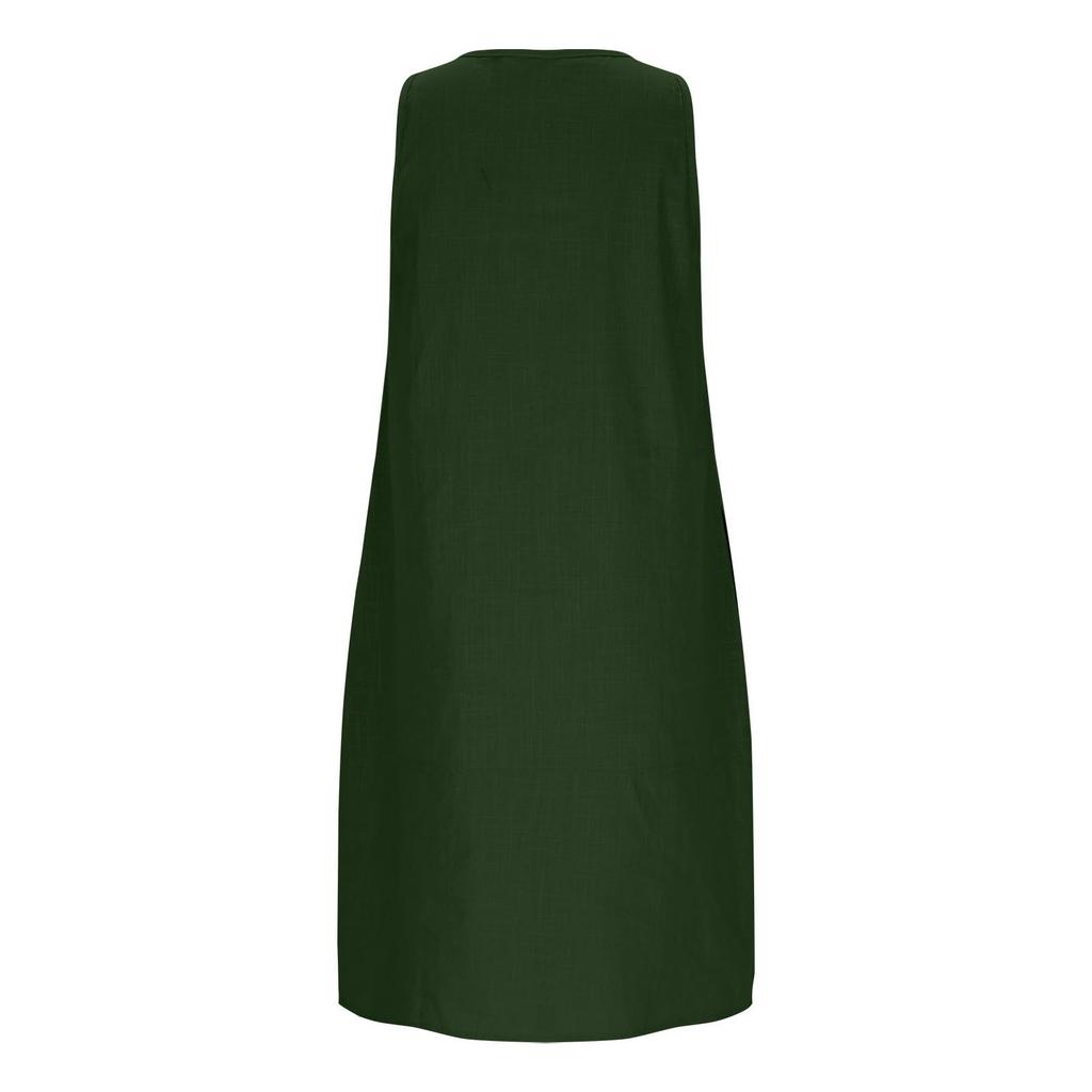 Womens Fashionable Loose-Fit Sleeveless Cotton-Linen -Color Dress With Pockets