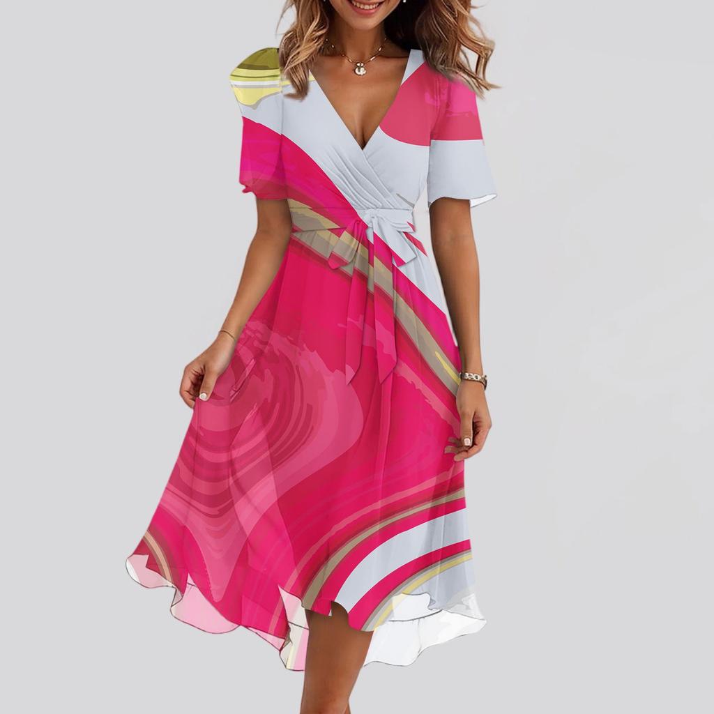 Women's Summer Texture Printed Casual Wrap V Neck Ruffled Hood Short Sleeves Belt A-Line Ruffle Hem Midi Sundress
