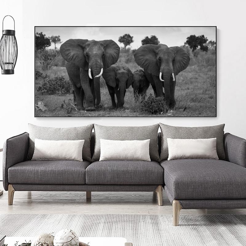 Black and White Animals Poster Print Wall Art Canvas Painting African Wild Elephant Family Picture On the Wall Home Decoration