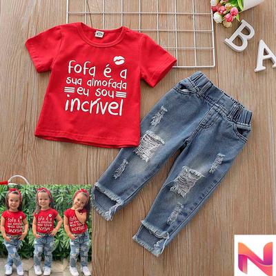Toddler Kids Baby Girls Outfits Clothes Letter T-shirt Tops+Jeans Pants 2PCS Set