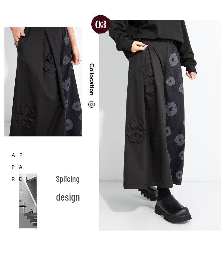 2025 Autumn Asymmetrical Wide-Leg Retro Patchwork Culottes: Women's Casual Dark Style