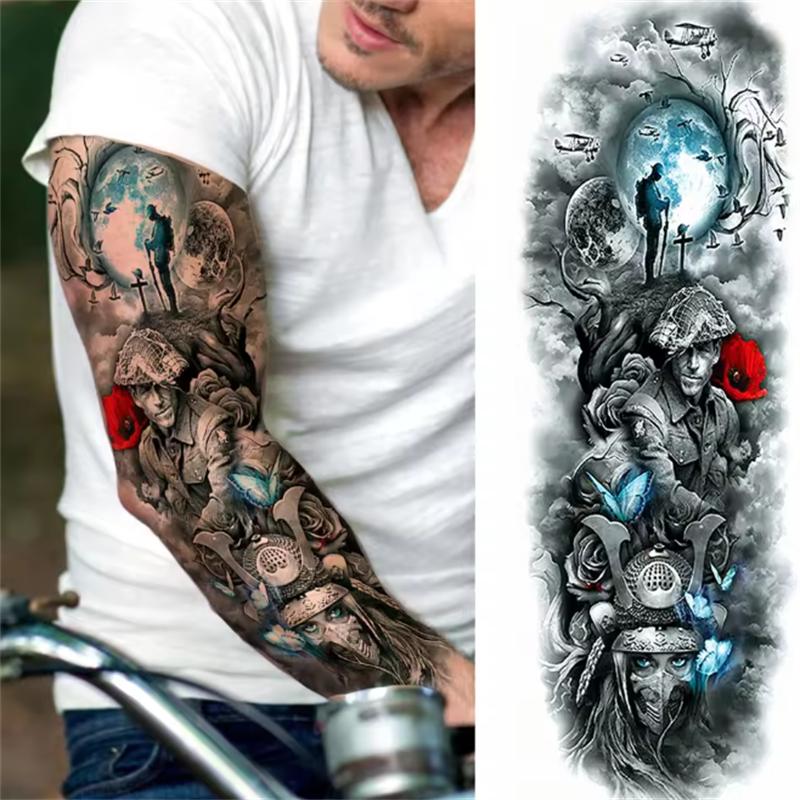 

Makeup Painting Large Size Full Arm Black Washable Gangster Temporary Sleeve Tattoos A Sheet Adult Realistic Fake Solider Tattoo For Men Jewelry чорний