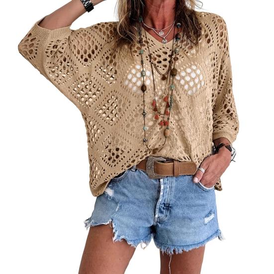 Women Tops Solid V-Neck 45720 Sleeve Knitting Color Loose Fit Cover