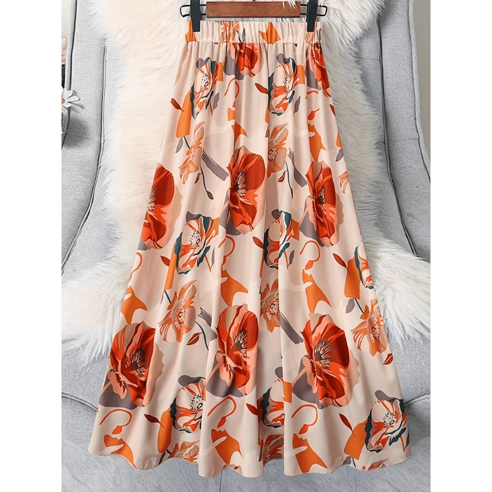 Elastic Waist Versatile Printed A-Line Midi Skirt