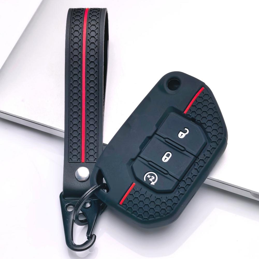 Silicone Key Fob Cover with Matching Keychain Compatible with Jeep Wrangler JL Gladiator JT 2018 2019 2020 2021 2022 2023 3 Button Smart Remote Key