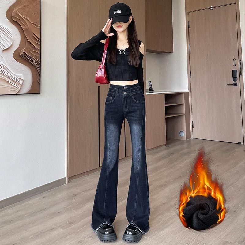 Retro Breasted Slightly Flared Jeans for Women In Autumn and Winter New Style Plus Velvet Thickened High Waist Slimming Horseshoe Bell-bottom Pants