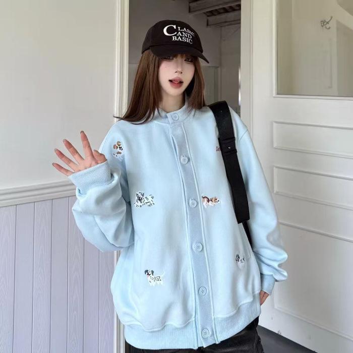 Cartoon Puppy Embroidered Stand Collar Zip-Up Hoodie Cardigan - Unisex Autumn/Winter Fashion. Small синий