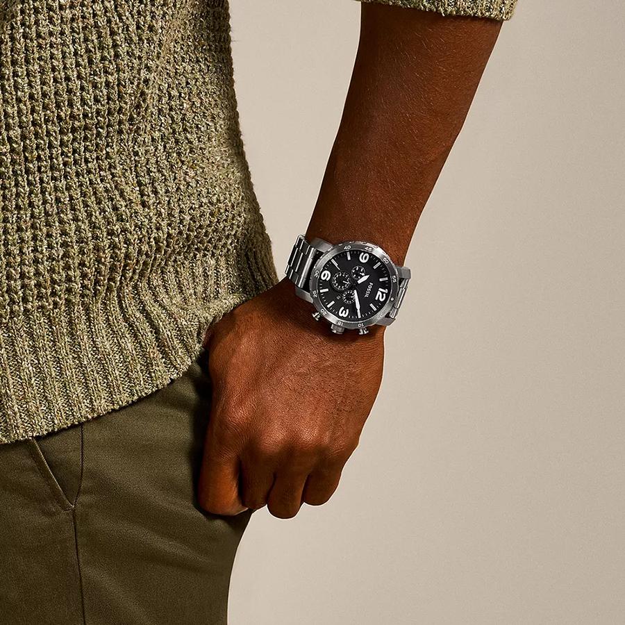 Fossil Men's Black Leather Grey Stainless Steel Analog Quartz Watch JR1353