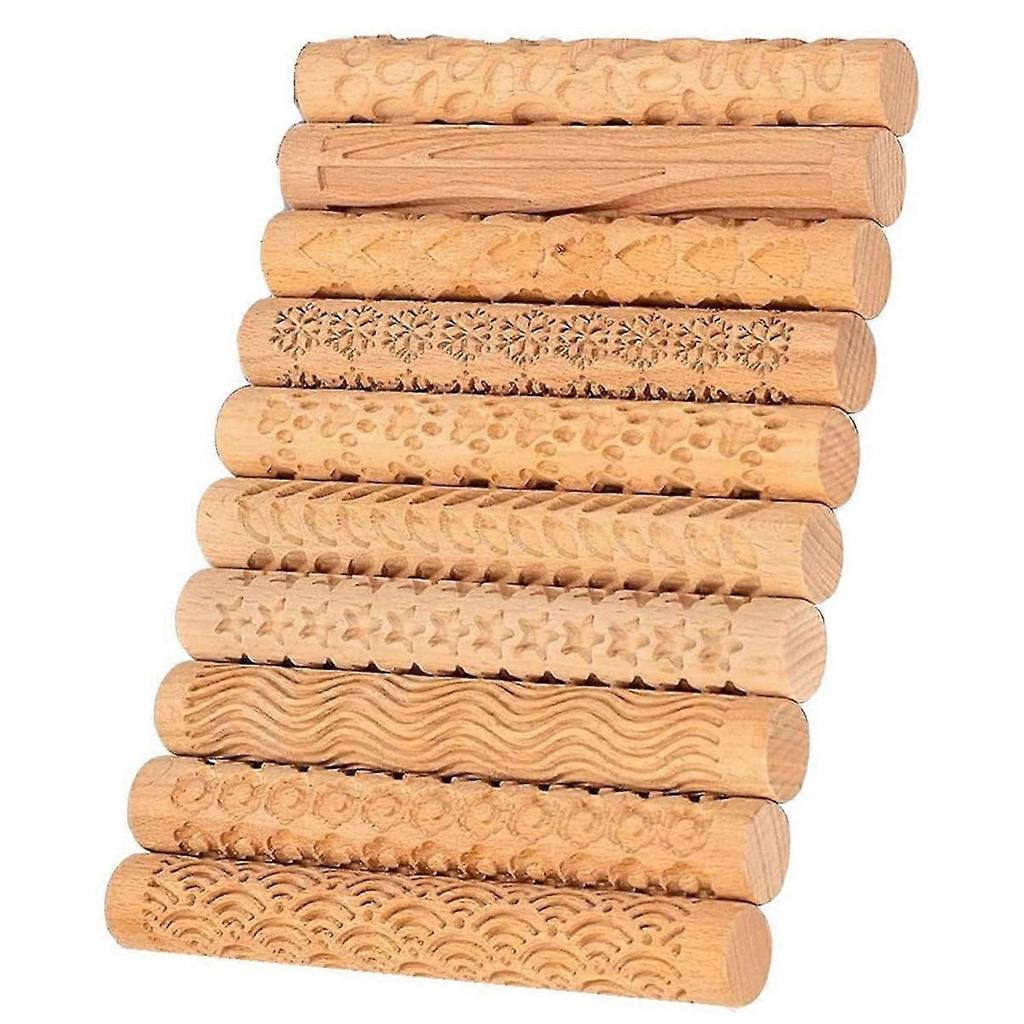 10 Pcs Wooden Clay Texture Roller Set for Pottery and Ceramics, Modeling Texture Rolling Pin Stencil Board Stamps