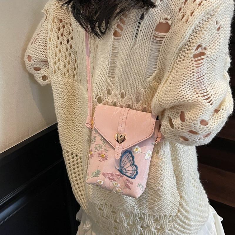 Embroidered Canvas Bag Women's Summer New Fashion Niche Messenger Bag Mobile Phone Bag