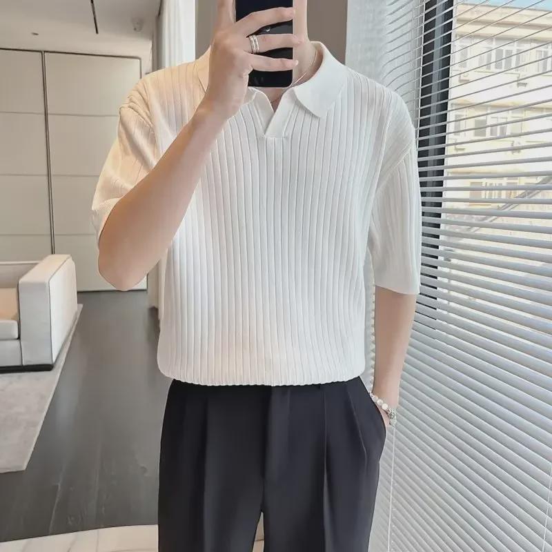Ice Silk Men's Striped Polo Shirt - Summer 2023 Trendy Short Sleeve Korean Lapel Top